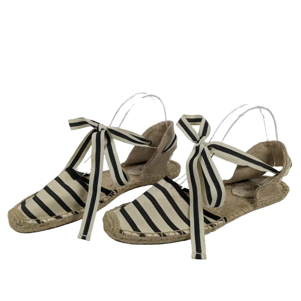 Soludos Espadrilles 9 Cream Navy Blue Stripe Ribbon Tie Closure Flat Shoes - Picture 4 of 7
